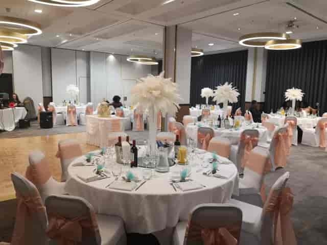 Westmacott Suite at London Marriott, elegant event space with floral centerpieces.