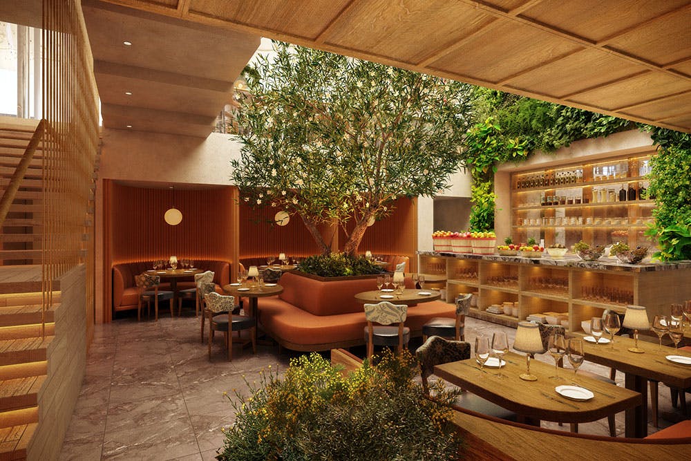 Stylish LAVO London restaurant with greenery, ideal for intimate meetings and events.