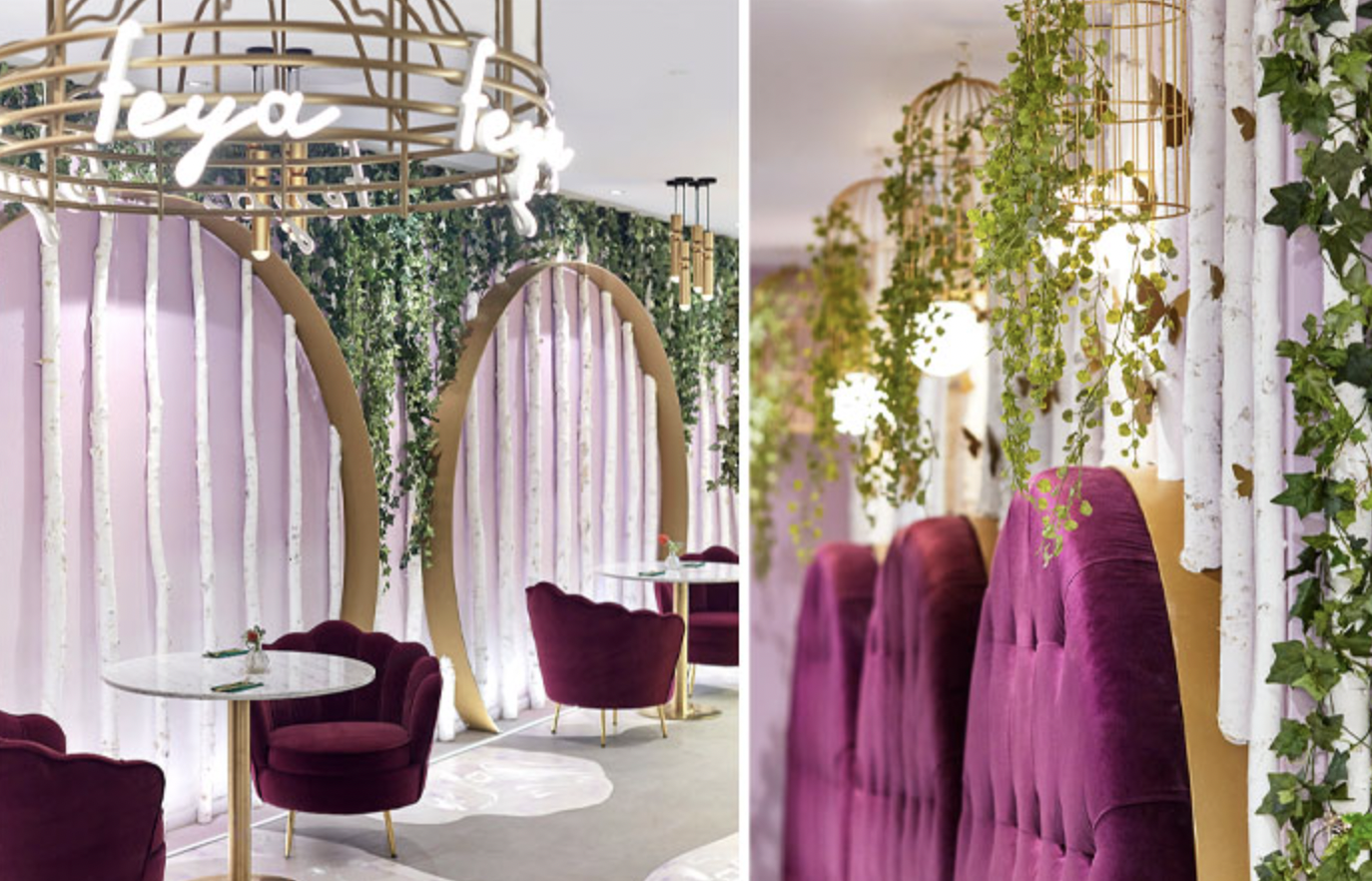 Elegant event space with lush greenery and cozy purple seating for modern gatherings. - Banner