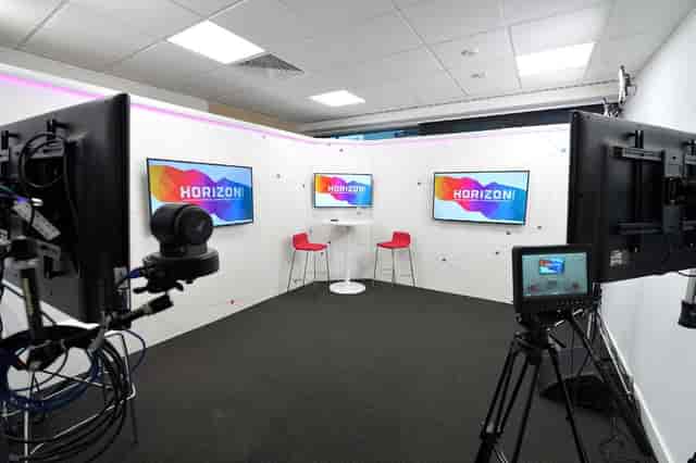 Modern broadcast studio in Horizon Leeds, ideal for hybrid meetings and corporate events.