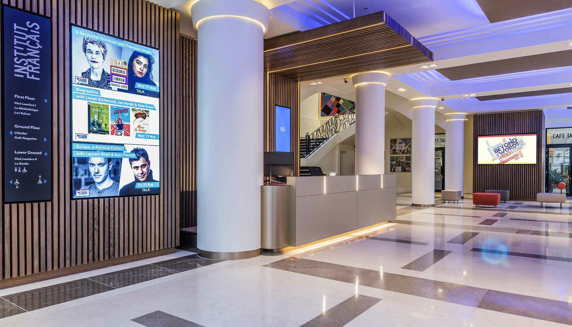 Modern event space at Institut français du Royaume-Uni with sleek reception area.