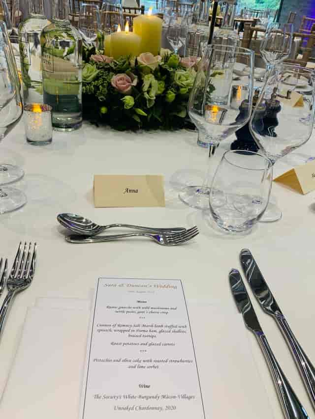 Elegant wedding dining table with personalized place settings and refined decor.