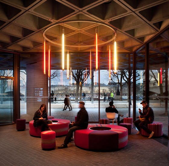 Atrium Café at National Theatre: modern lounge with vibrant seating for networking events.