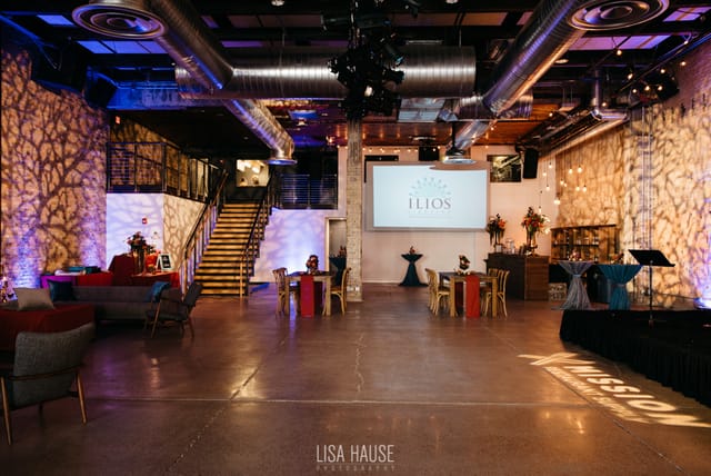Versatile event space at 800 Congress with ambient lighting for corporate events and gatherings.