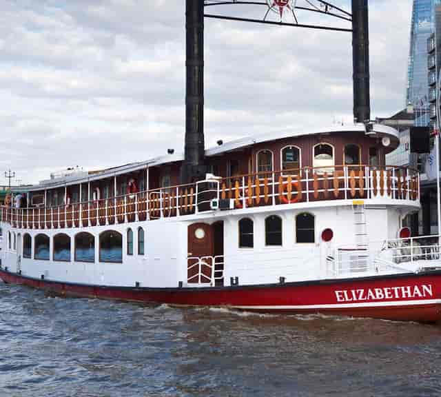 "Elizabethan riverboat for luxury charters, perfect for weddings and corporate events."