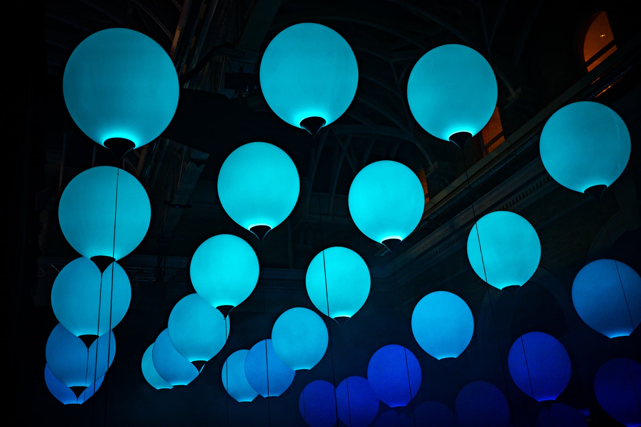 Illuminated hanging lanterns at Makepeace Studio for enchanting evening events. - Banner