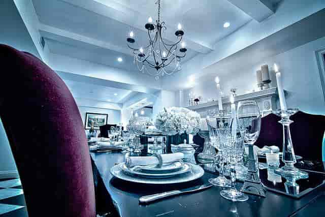 Elegant dining table in Hair & Makeup Room, perfect for upscale events and corporate gatherings.