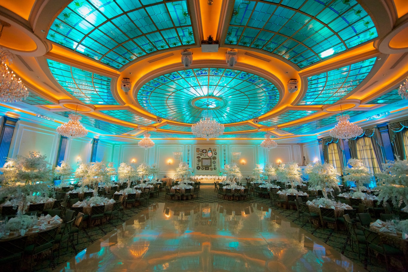 Elegant Taglyan Complex foyer with intricate glass ceiling, perfect for upscale events.