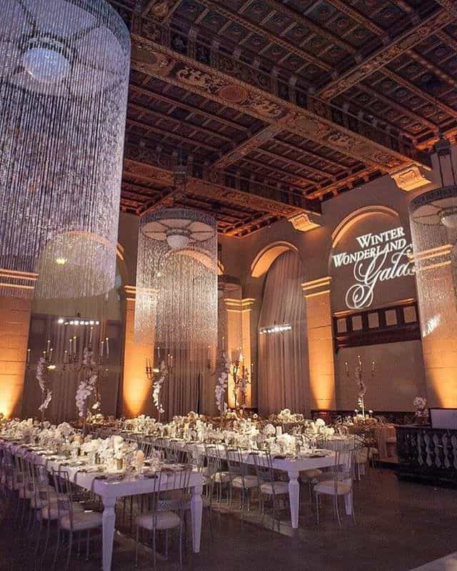 Elegant gala setting at The Majestic Downtown with chandeliers for winter events.