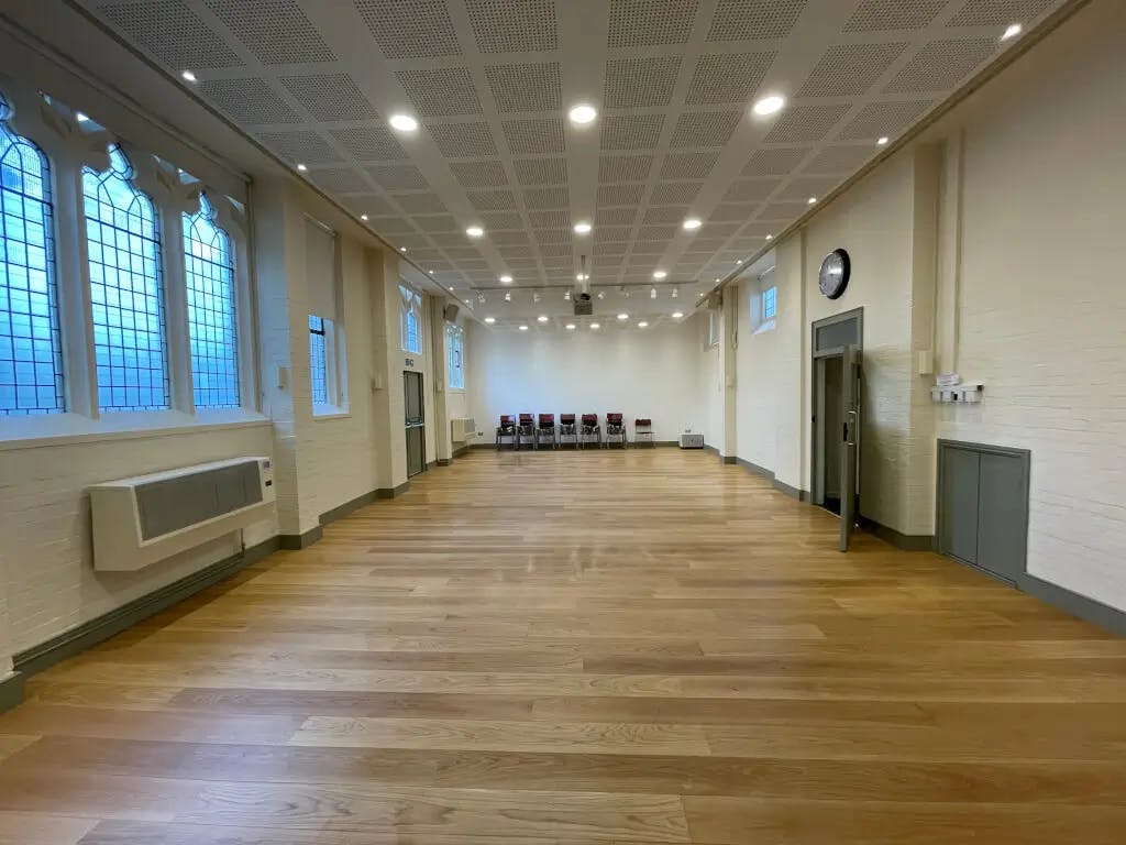 Spacious Main Hall in St Luke's Hall, ideal for workshops and conferences.