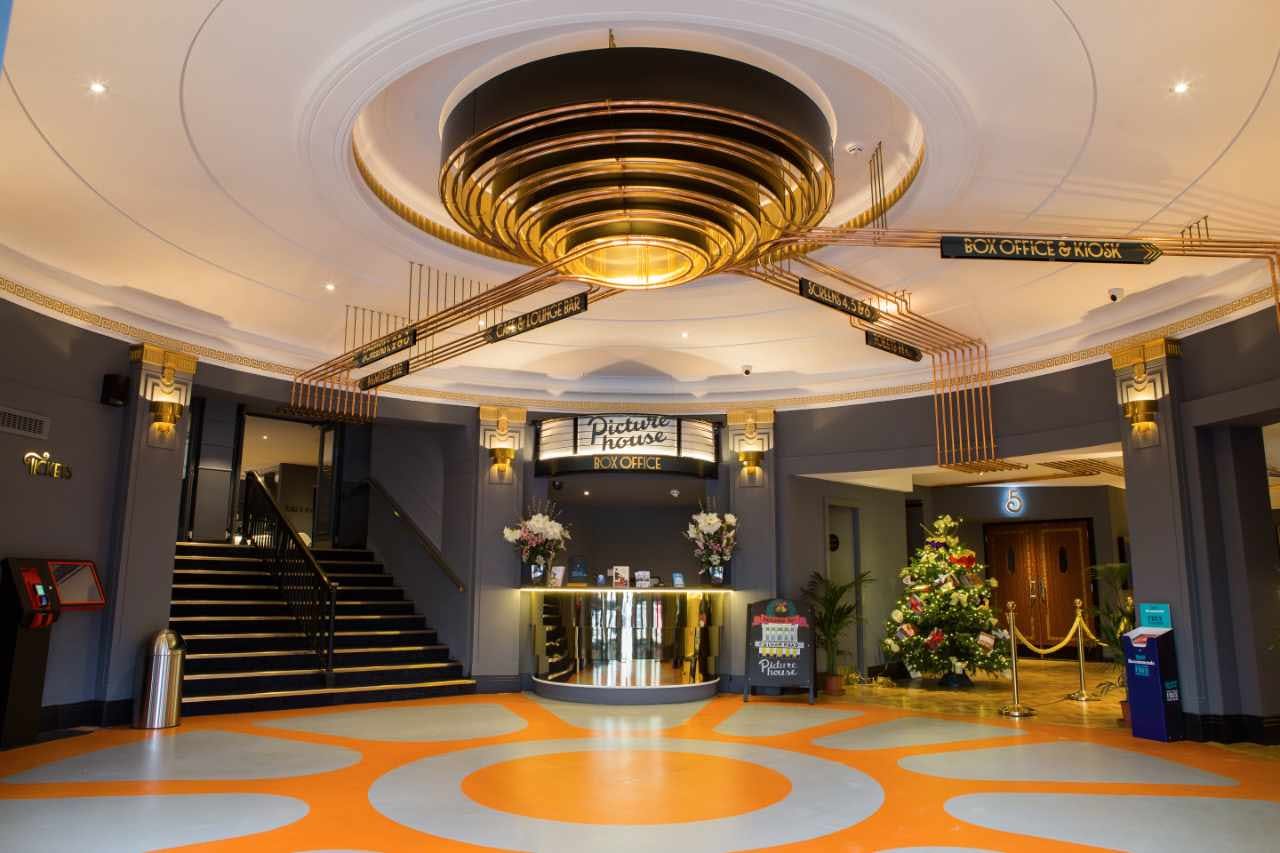 Modern Fulham Road Picturehouse theater with elegant entrance, ideal for events and gatherings.