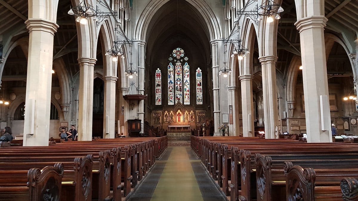 Long Room in St Mary Abbots Church Hall, featuring vaulted ceilings for weddings and concerts.