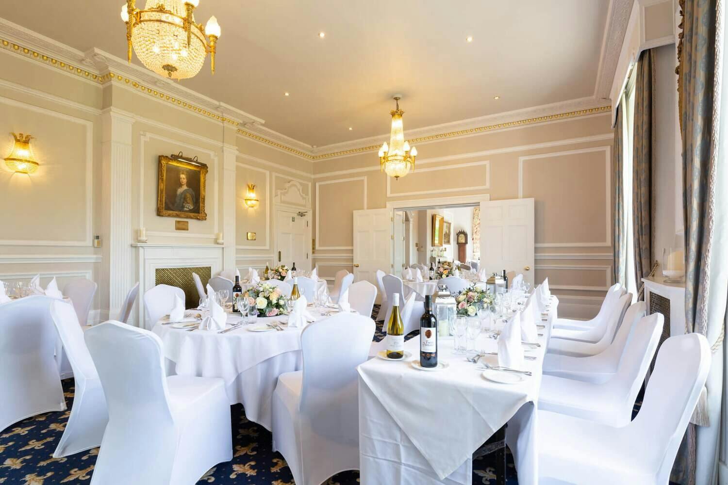 Hornbeam Boardroom at West Lodge Park Hotel, elegant banquet setup for corporate events and weddings.