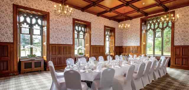 Elegant dining room at Hensol Castle, ideal for upscale events and banquets.