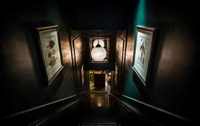 Stylish staircase at Swallow Street Rooms, Bentley's Oyster Bar for upscale events.