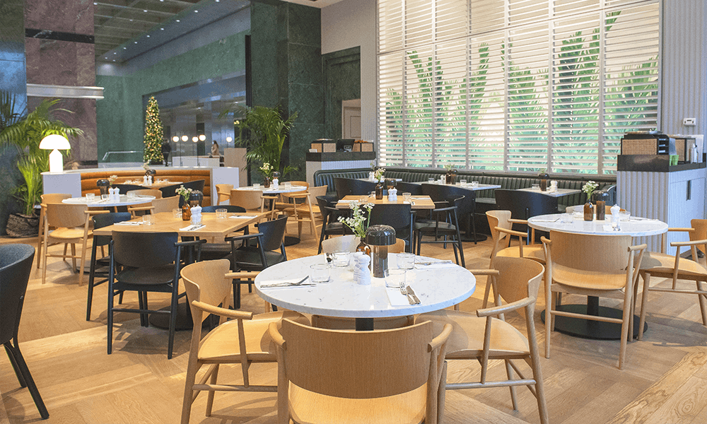 Modern dining space at Supernatural, Canary Wharf for meetings and events.