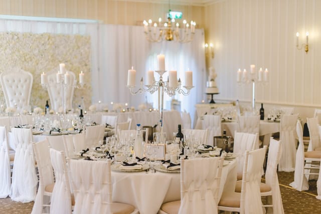 Elegant banquet hall at De Courceys Manor, perfect for weddings and formal events.