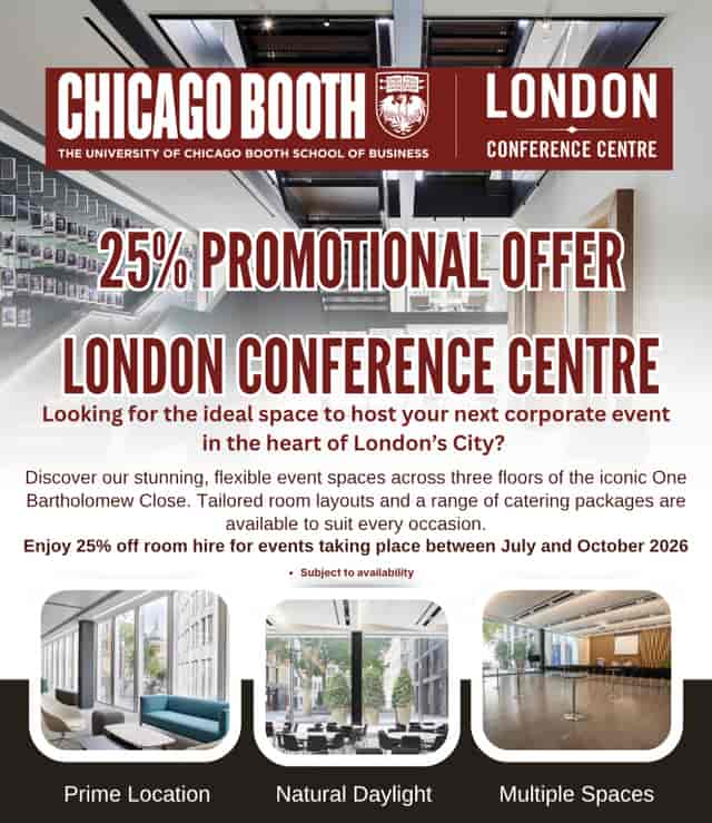 London conference centre lounge: modern corporate event space with 25% discount offer.