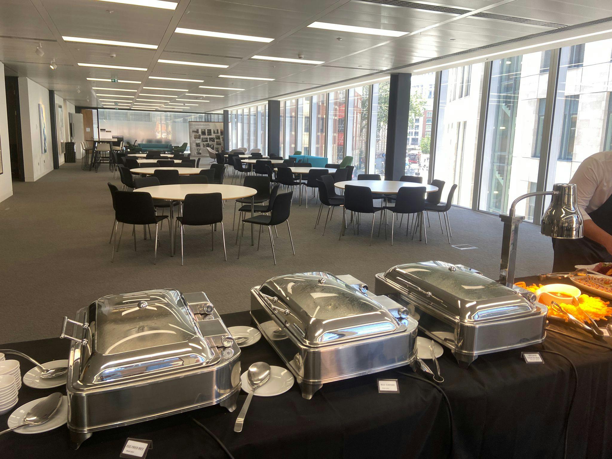 Modern 1st Floor Lounge in London Conference Centre with buffet setup for events.
