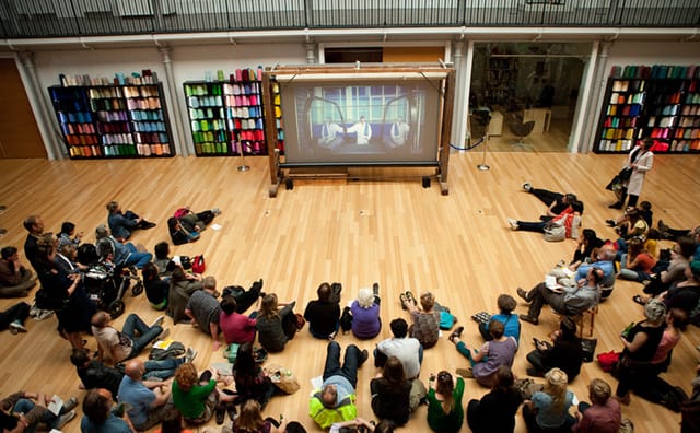 Weaving Floor at Dovecot Studios, vibrant backdrop for creative workshops and community events.