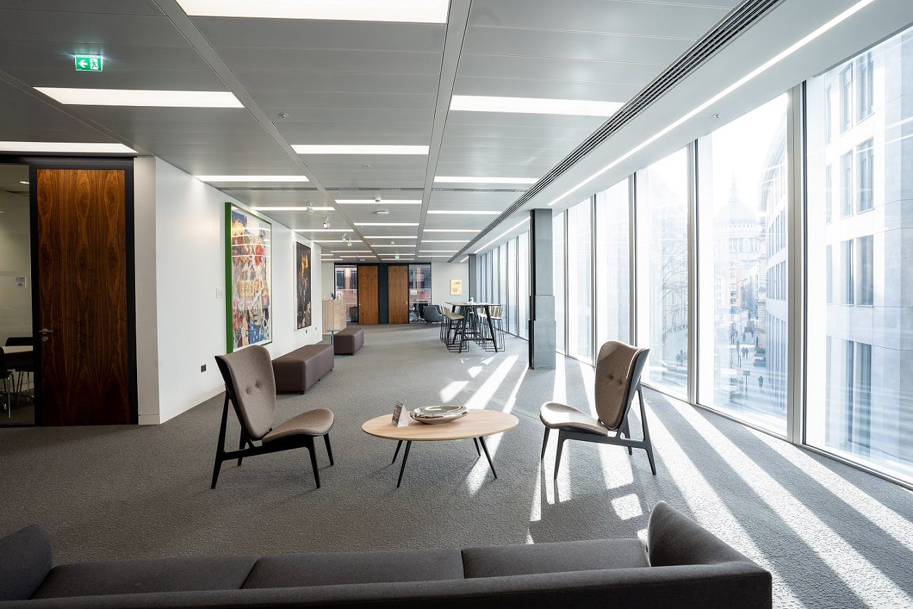 Modern 2nd Floor Lounge in London Conference Centre, bright space for meetings and networking.