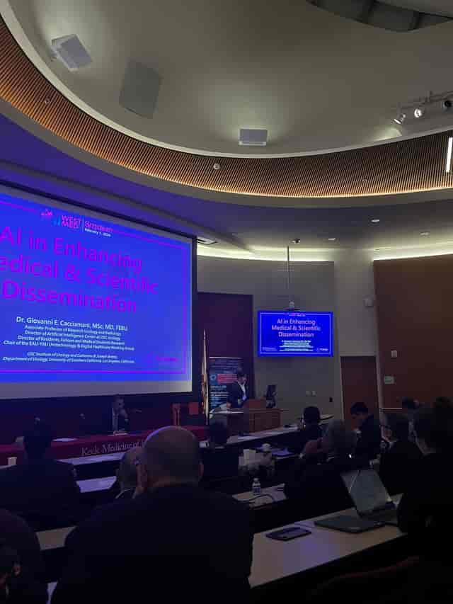 Catherine and Joseph Aresty Auditorium during a healthcare conference on AI innovations.