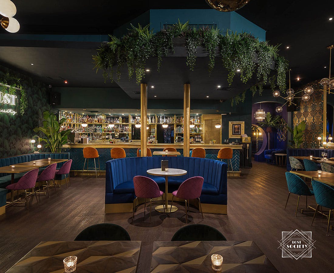 VIP Area in Lost Society with vibrant seating, perfect for cocktail receptions and gatherings.