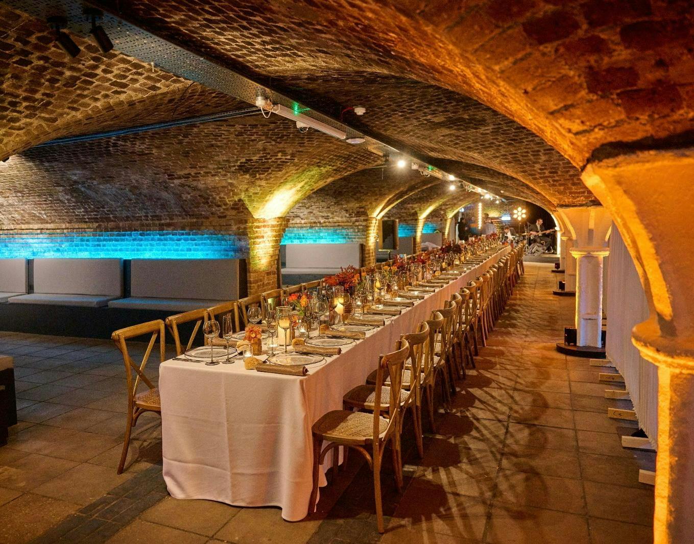 Princess Diana Exhibition dining table in Dockside Vaults, ideal for upscale events.