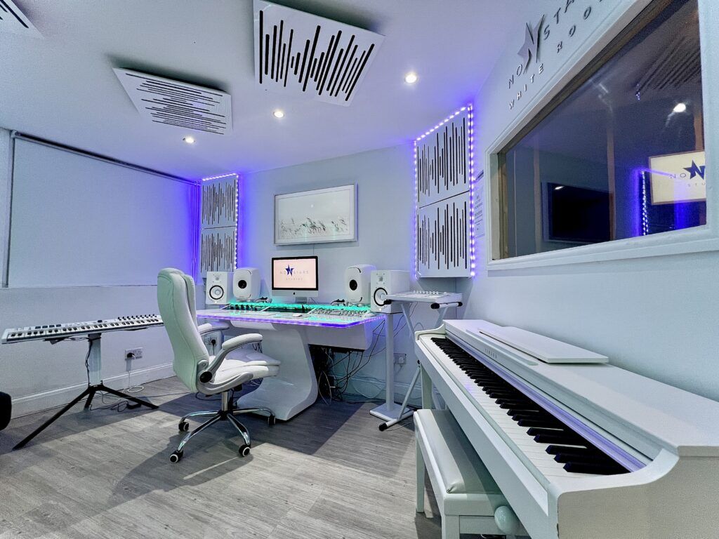 Modern recording studio with high-quality sound equipment for music production workshops. - Banner