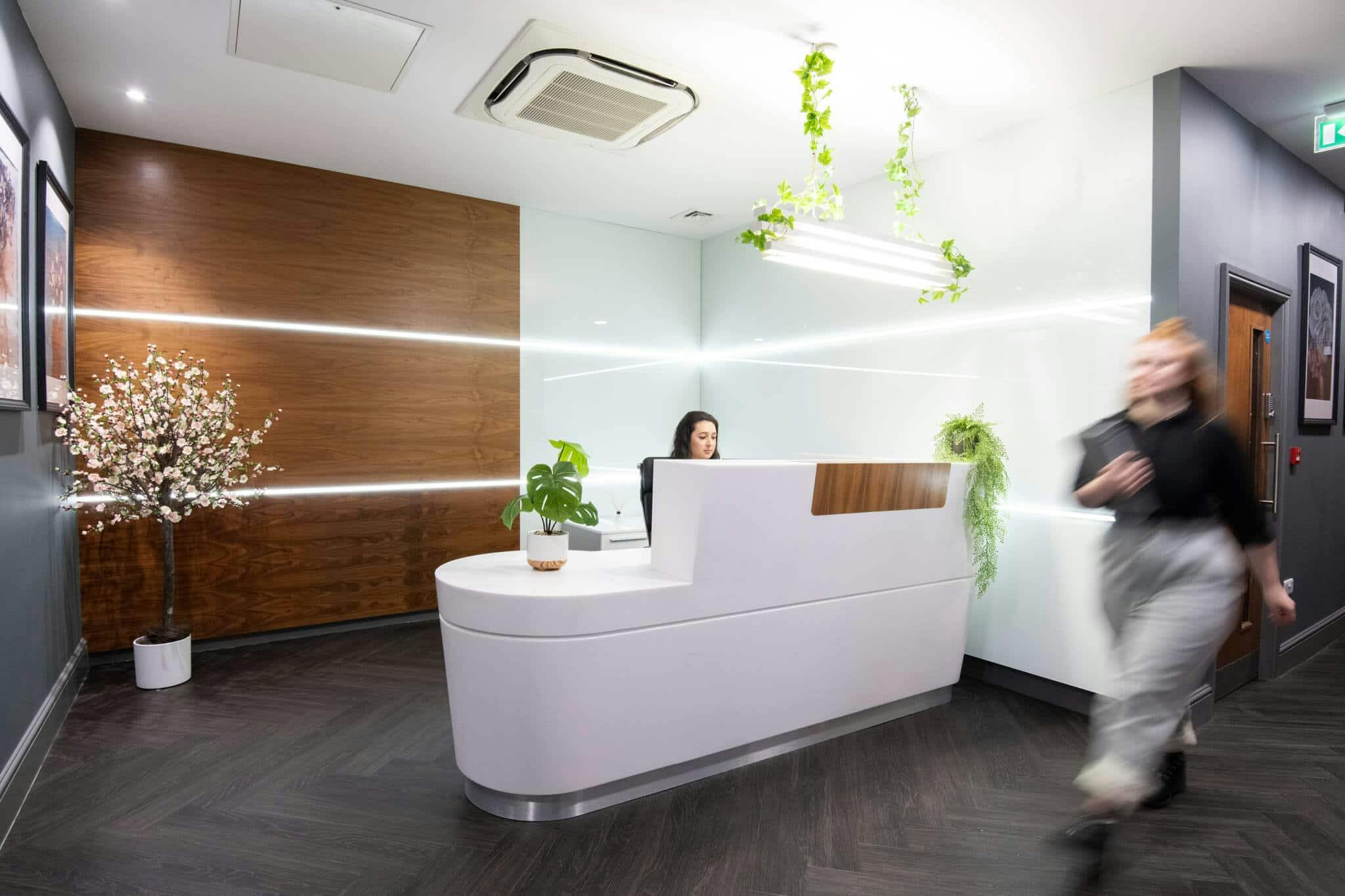 Modern reception area at 46 Park Place, Leeds, perfect for meetings and events.