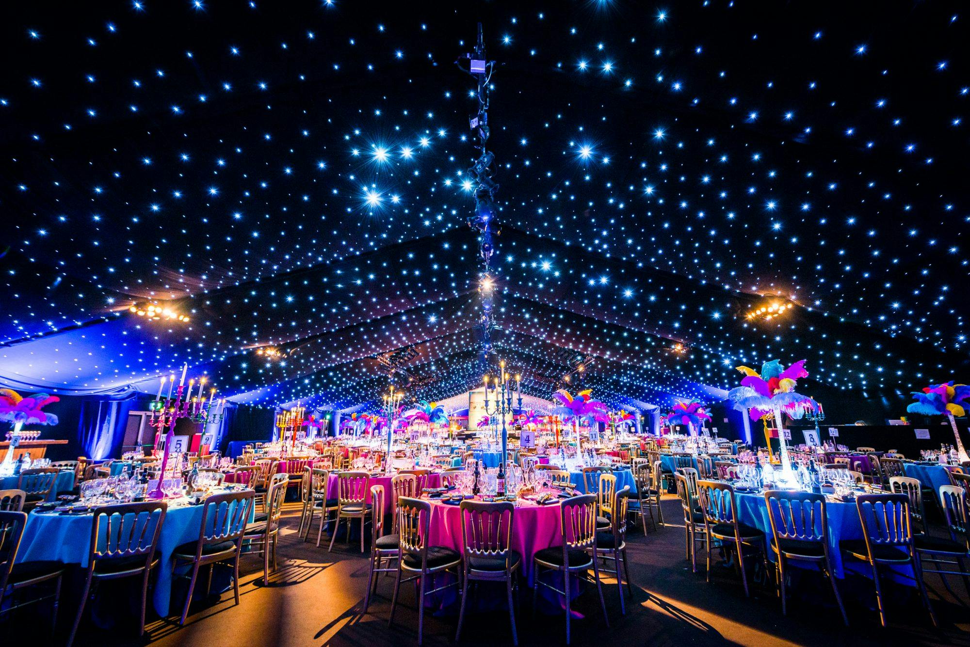 Elegant event space with twinkling lights, ideal for galas and celebrations.