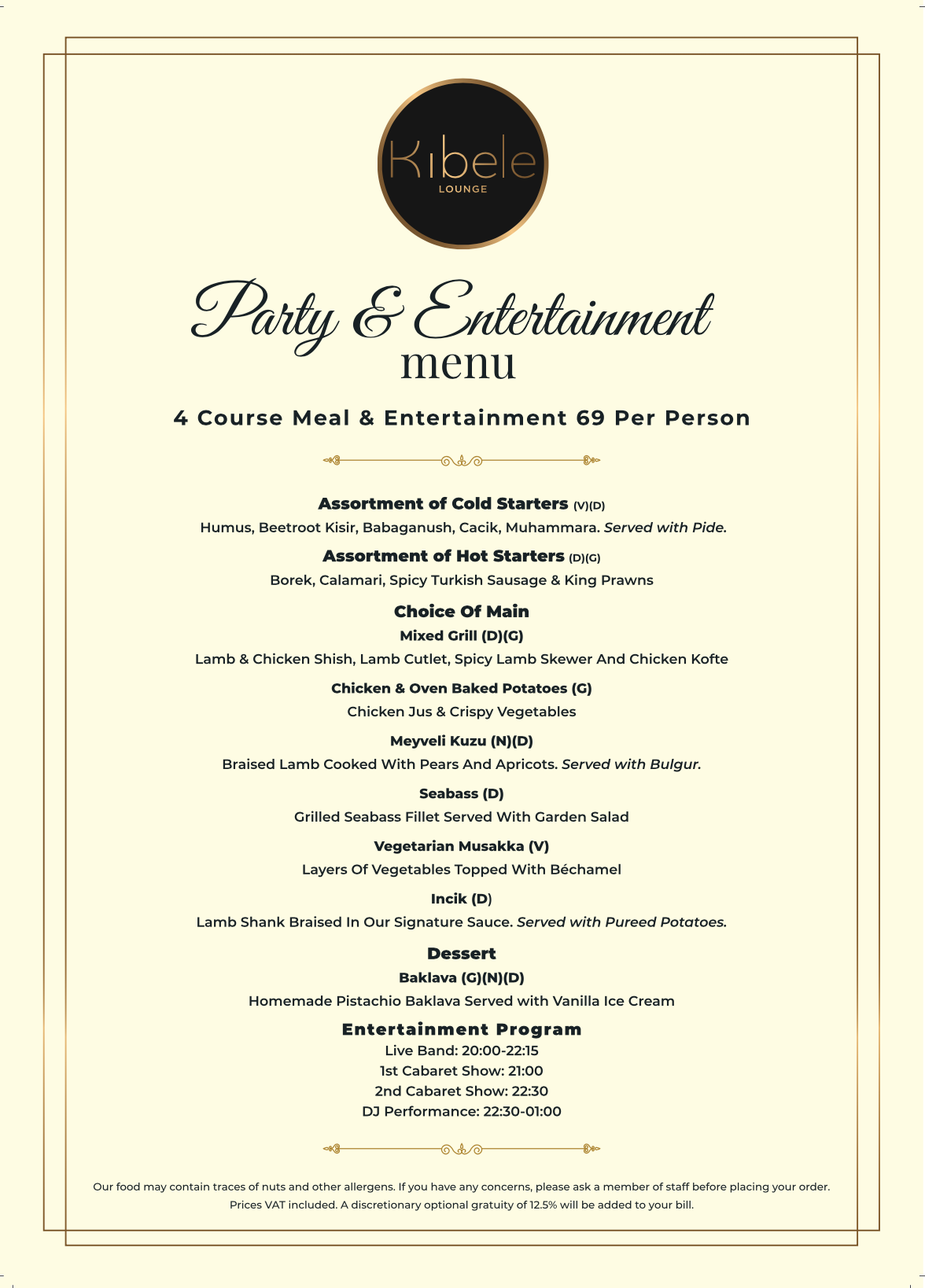 Kibele Restaurant & Bar menu for four-course meal and entertainment, perfect for events.