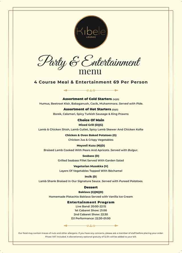 Kibele Restaurant & Bar menu for four-course meal and entertainment, perfect for events.