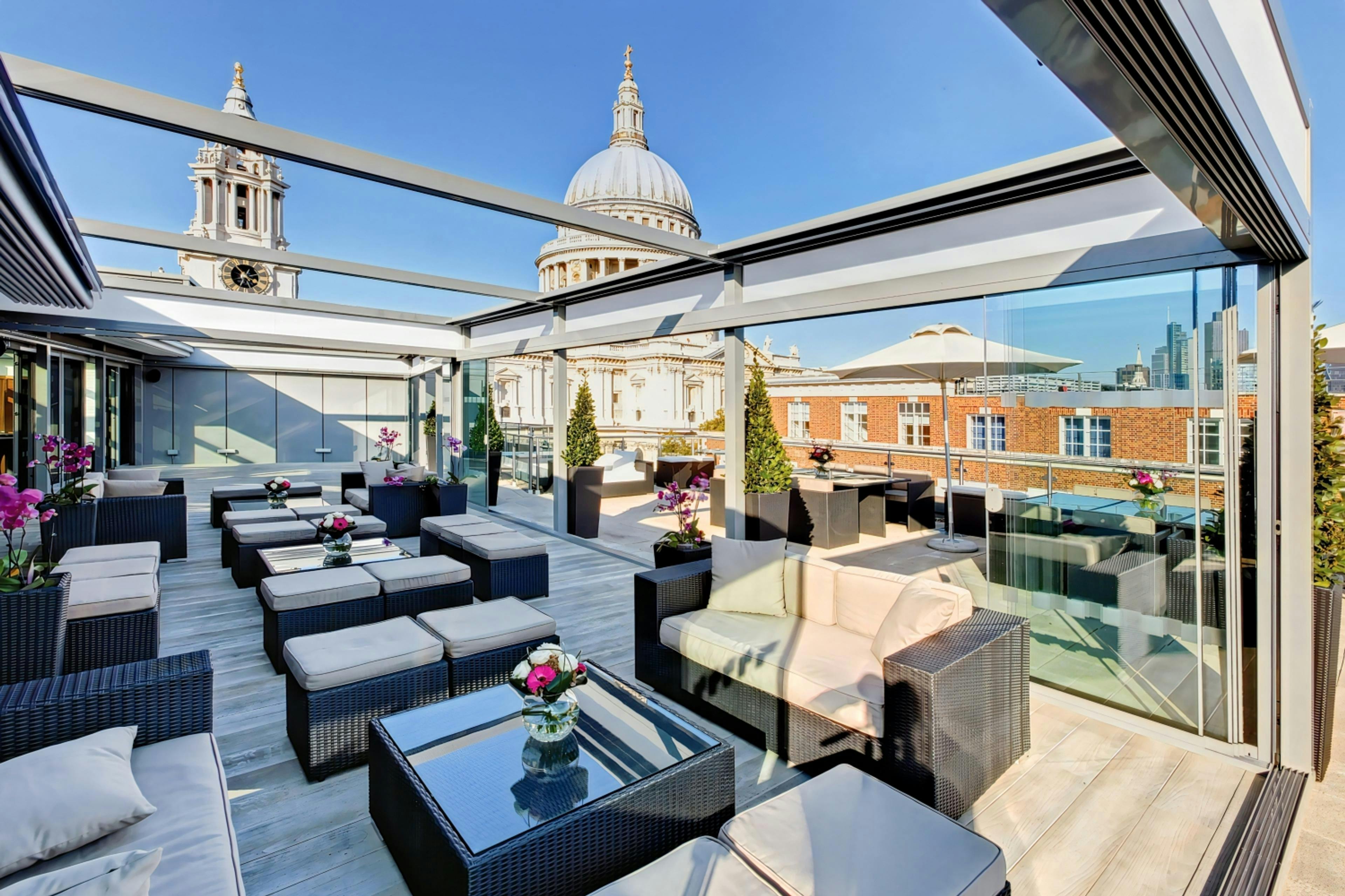 Rooftop meeting room at St Pauls Hotel with views of St. Paul's Cathedral, ideal for upscale events.