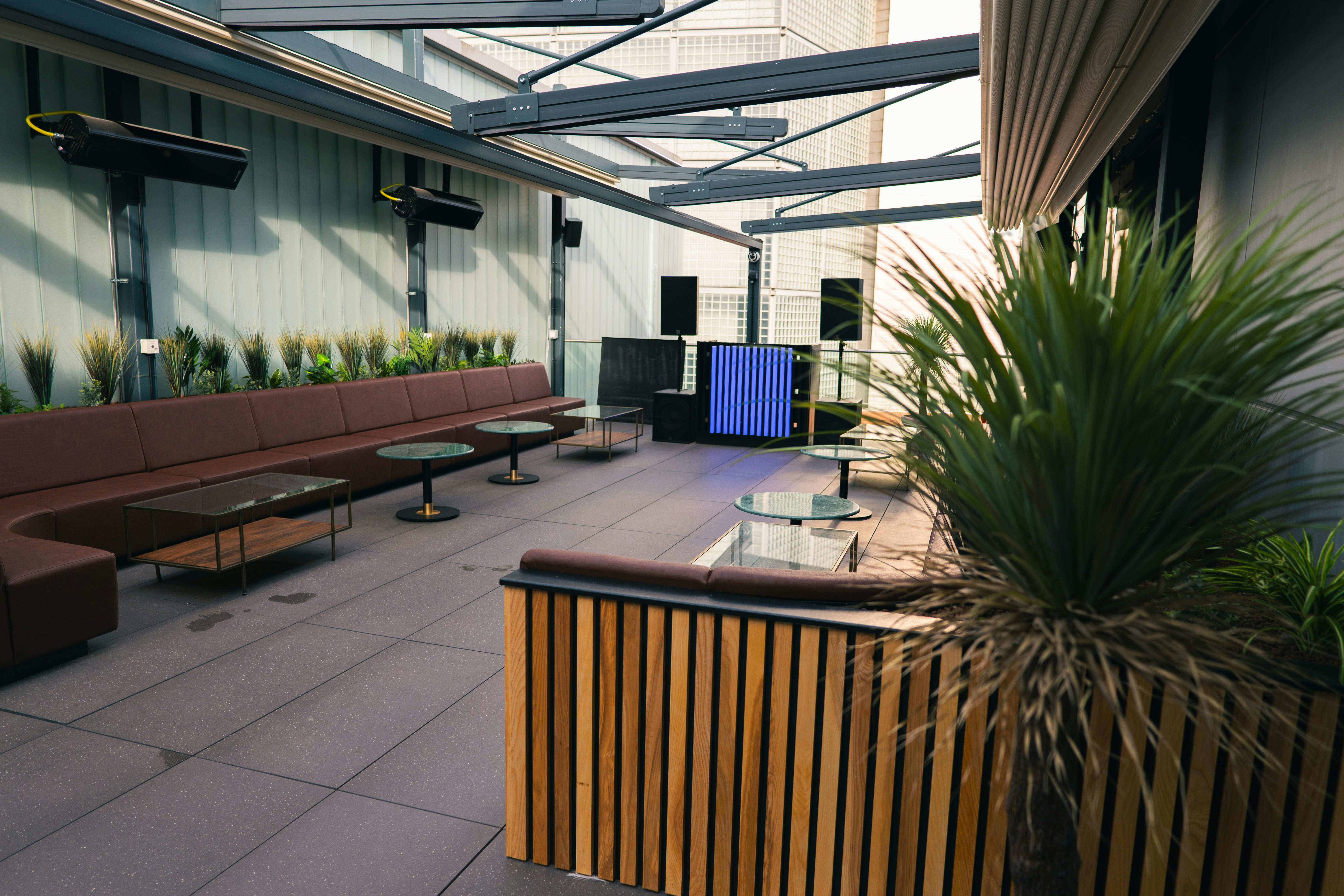 Stylish outdoor event space with modern seating for networking and celebrations.