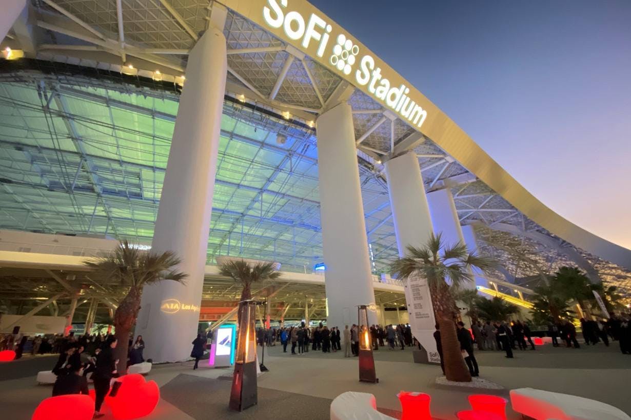 SoFi Stadium exterior, modern architecture, ideal for large events and receptions.