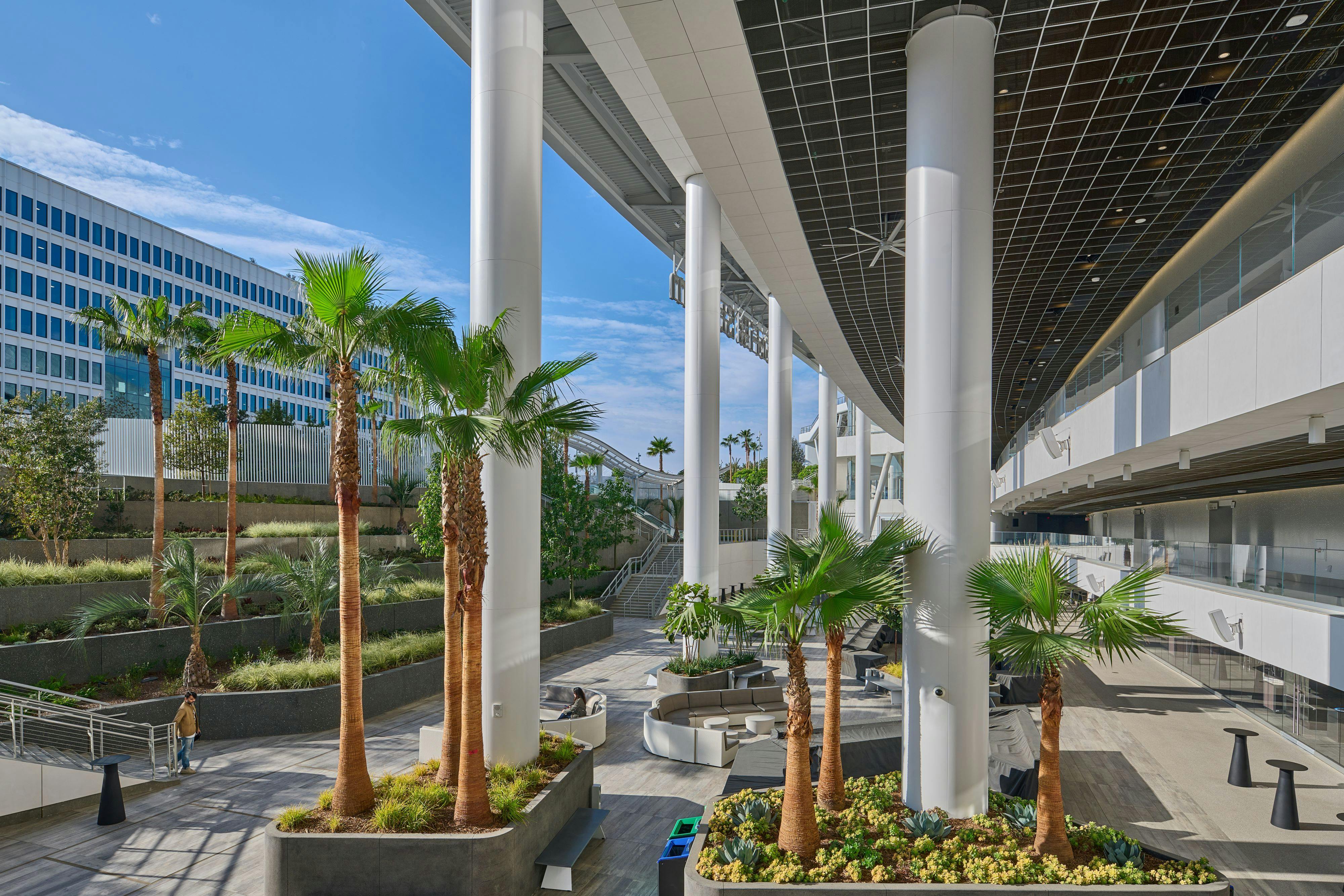 Modern event space at SoFi Stadium with sleek architecture, ideal for conferences and exhibitions.