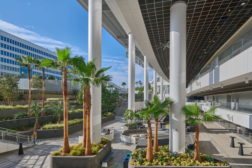 Modern event space at SoFi Stadium with sleek architecture, ideal for conferences and exhibitions.