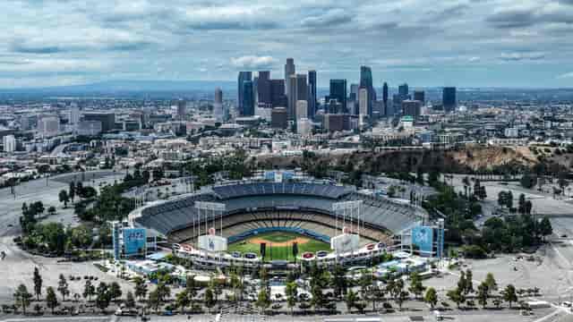 Aerial view of Dodger Stadium, ideal for corporate events and sports tournaments.