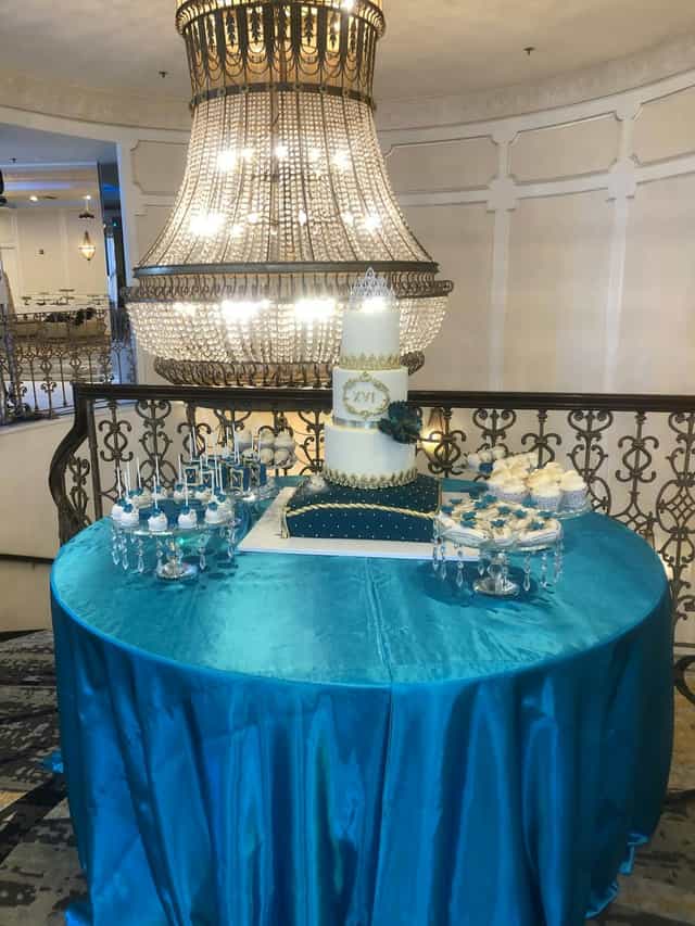 Elegant dessert table with multi-tiered cake for upscale events at Brandview Ballroom.