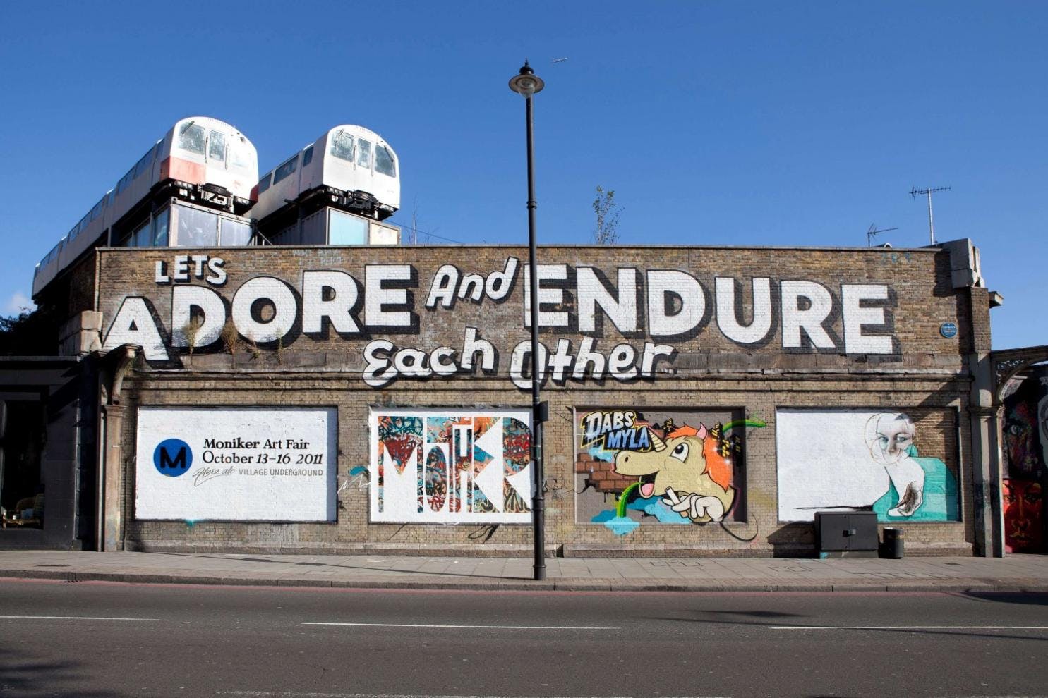 Vibrant mural backdrop at Village Underground for creative events and meetings.