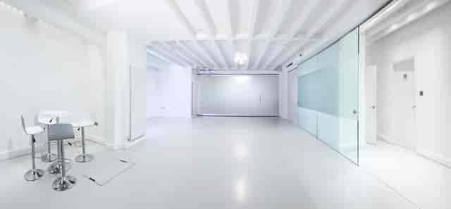 Modern event space with glass wall for product launches and press events.