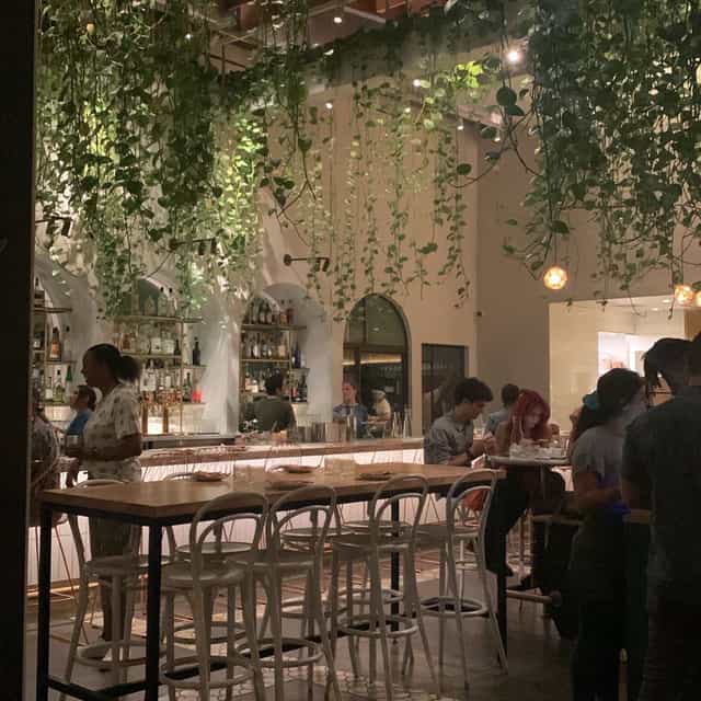 Vibrant Bavel Restaurant dining space with lush greenery for intimate gatherings and events.