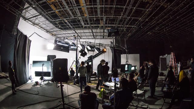 Studio production set in Francisco Studios LA, showcasing audiovisual equipment for events.