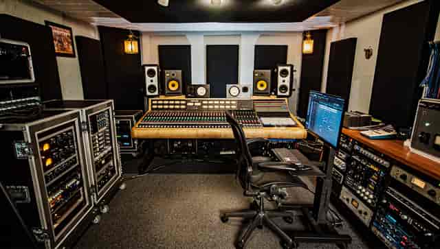 RZN Recording Studio control room with mixing consoles for music production workshops.