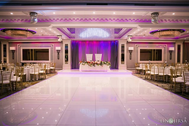 Glenoaks Ballroom with elegant purple lighting, ideal for weddings and formal events.