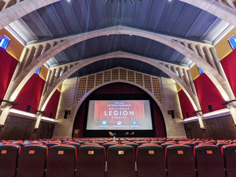 Outdoor deck at Hollywood Legion Theater with tiered seating for events and presentations.
