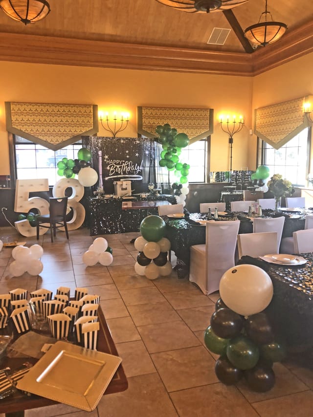Vibrant birthday celebration in Banquet Hall with elegant black and green decor.