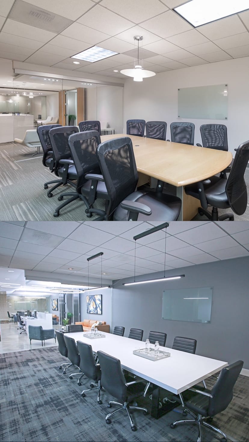 Modern conference room with oval table and ergonomic chairs in Premier Workspaces Burbank.
