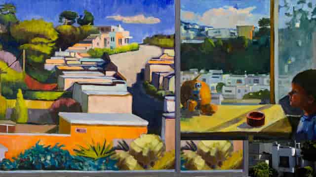 Los Palmos Community Garden mural with colorful houses, ideal for events and networking.